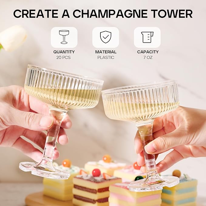 20 Pack Plastic Champagne Tower, 7oz Champagne Coupe Unbreakable Plastic Cocktail Glasses Acrylic Martini Glasses for Wedding Birthday Party Bar, Clear