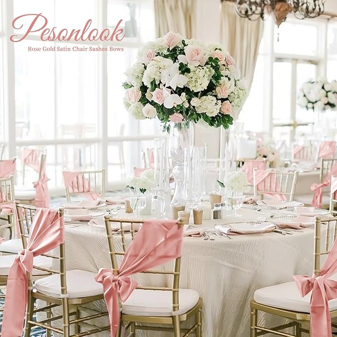 Pesonlook 120 PCS Rose Gold Satin Chair Sashes Bows,Satin Chair Sashes Universal Chair Cover for Wedding Reception Restaurant Event Decoration Banquet,Party,Hotel Event Decorations (7 x 108 inch)