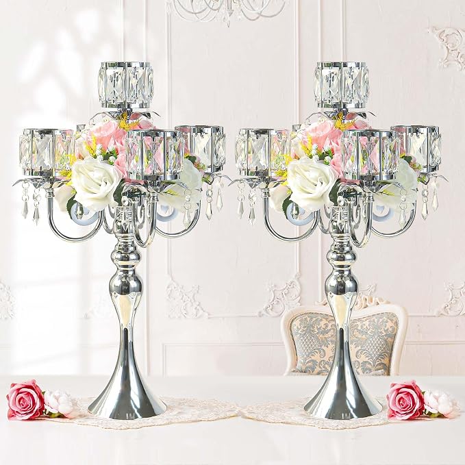 2Pcs Silver 5-Arm Crystal Pendant Metal Candle Holder with Square Crystal Bowl, 22-Inch Tall Wedding Table Centerpiece for Holiday Party Events, Christmas, Birthday Decorations