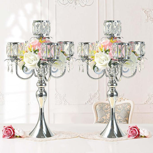2Pcs Silver 5-Arm Crystal Pendant Metal Candle Holder with Square Crystal Bowl, 22-Inch Tall Wedding Table Centerpiece for Holiday Party Events, Christmas, Birthday Decorations
