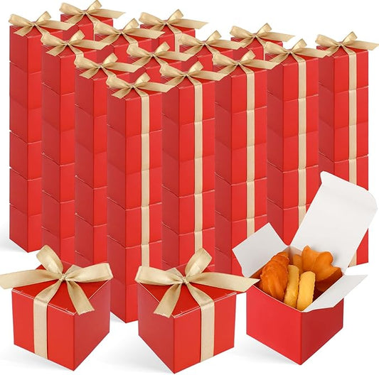 Jutom 100 Pcs Mini Favor Boxes Extra Small Candy Boxes Paper with Gold Ribbon for Baby Shower Birthday Wedding Anniversary Supplies(2 x 2 x 2 Inch,Red)