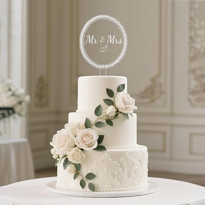Coucoland Mr and Mrs Cake Topper - Oval Wedding Cake Decor with Rhinestones and Pearls for Engagement Bridal Anniversary
