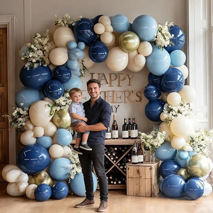 Navy Blue Balloon Garland Double Stuffed Dusty Blue Gold White Sand Balloons Beige Cream Metallic Latex Arch Kit for Neutral Baby Shower Birthday Gender Reveal Father's Day Graduation Party Decoration