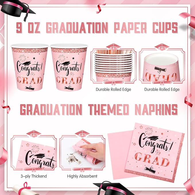 Domensi 400 Pcs 2026 Graduation Decorations Plates and Napkins and Cups Set Serve 50, Pink and Gold Graduation Party Supplies, Class of 2026 Paper Tableware 9oz Cup Knife Fork Spoon Congrats Grad
