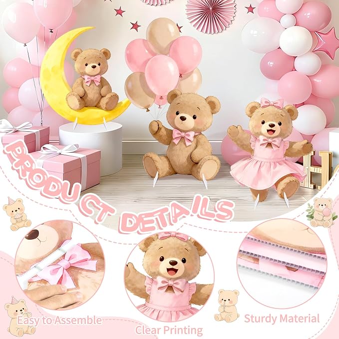 3Pcs Pink Bear Baby Shower Decorations, Large Moon Bear Cardboard Cutout Standup with Yard Stakes & Stands for Girls Bear Birthday Indoor Outdoor Photo Booth Props Cartoon Party Supplies