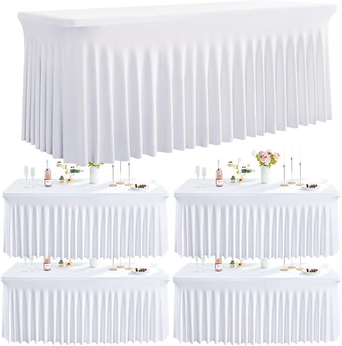 Outpain White Spandex Table Clothes for 5 Foot Rectangle Tables-4Pack 5FT Spandex Fitted Table Cover, Wrinkle Free Tablecloths with Skirt for Parties, Wedding, Birthday, Banquet, Festival