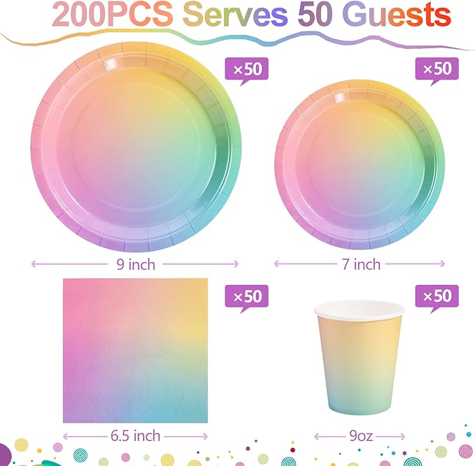 Rainbow Birthday Decorations for Girls, Pastel Rainbow Plates and Napkins 200Pcs, Girl Birthday Plates and Napkins, Easter Mother's Day Hawaiian Luau Colorful Pride Month, Serves 50