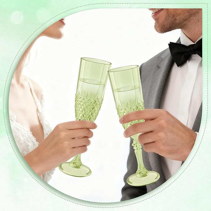 Plastic Champagne Flutes, Champagne Glasses Bulk, Reusable Unbreakable Acrylic Wine Glasses Goblets for Weddings Bachelor Parties Toasting Bridal Shower (24, Green)