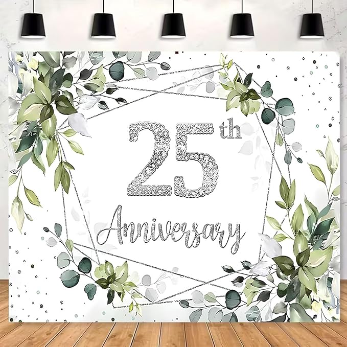 Silver Wedding 25th Anniversary Decorations Backdrop Watercolor Eucalyptus Leaves Sparkling Diamond 25th Background Couple Wedding Engagement Banner (A, 9X6FT)