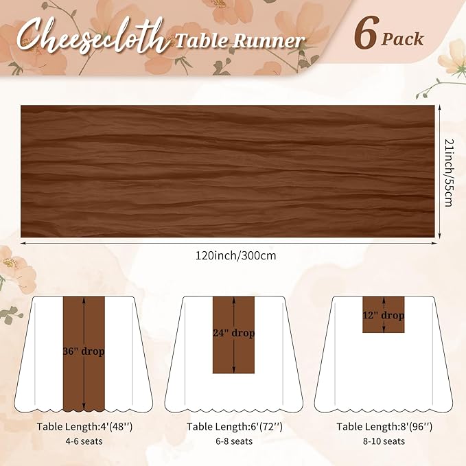 6 Pack Cheesecloth Table Runner Brown 10Ft Rustic Boho Gauze Table Runner Romantic Long Sheer Fabric Cheesecloth Table Runner for Wedding Festival Birthday Anniversary Dinner Outdoor Events