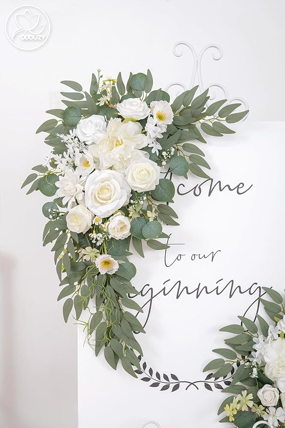 Odouzy Pack of 2 Wedding Arch Decorations Artificial Hanging Flowers Floral Swag for Wedding Welcome Sign Backdrop Balloon Arch Home Party Bridal Ceremony Reusable(New White)