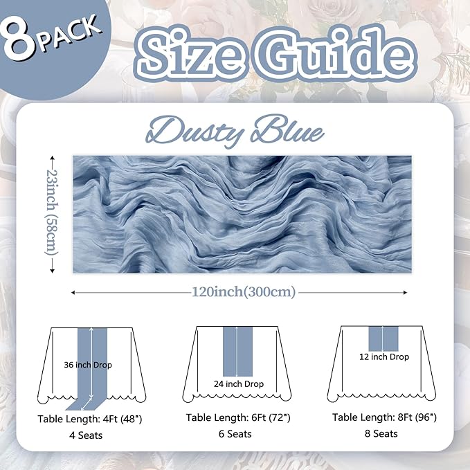 8 Pack Dusty Blue Cheesecloth Table Runner 10ft Boho Gauze 120 Inch Cheese Cloth Table Runner Rustic Sheer for Spring Holiday Baby Shower Party Décor Home Wedding Decoration