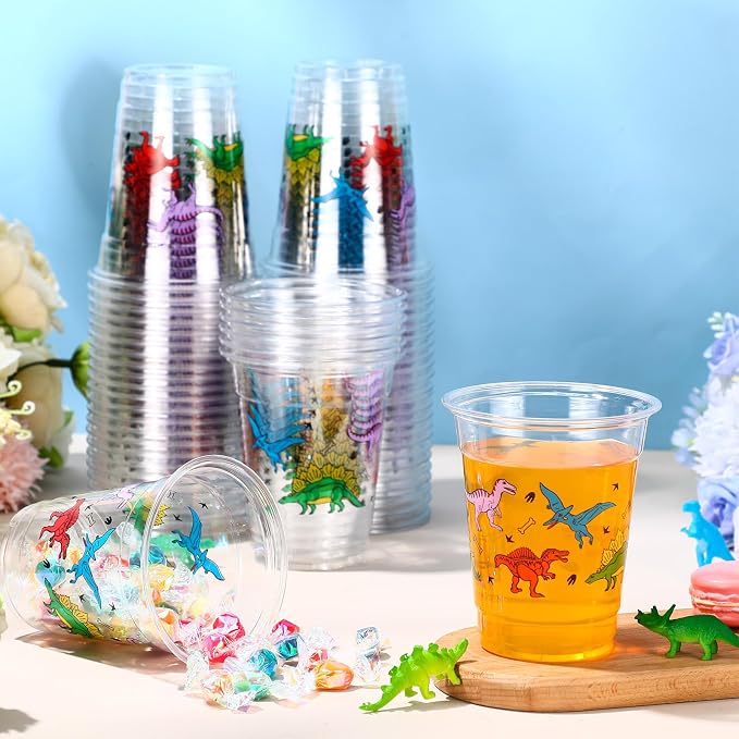Funnymoom 60 Pack Dinosaur Cups 12 oz Disposable Clear Plastic Dino Theme Drinking Cups for Dinosaur Birthday Party Decorations Supplies