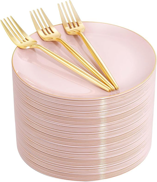 Rubtlamp 200Pcs Plastic Pink Dessert Plates with Disposable Gold Forks,Heavy Duty Pink Disposable Salad Platos,Gold Small Platos,Fancy Appetizer Plates for Mother's Day