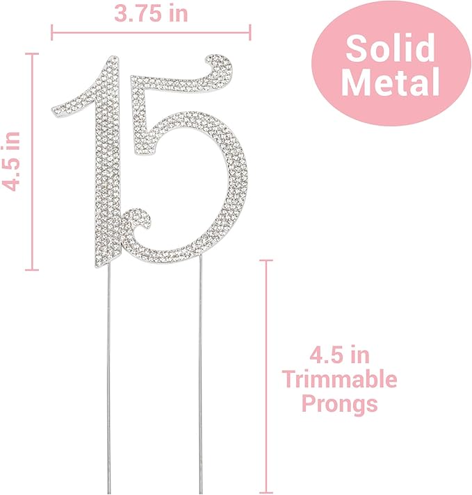 15 Cake Topper - Premium Silver Metal - 15th Birthday or Anniversary Party - Sparkly Rhinestone Quinceanera Cake Topper Decoration Makes a Great Centerpiece - Now Protected in a Box
