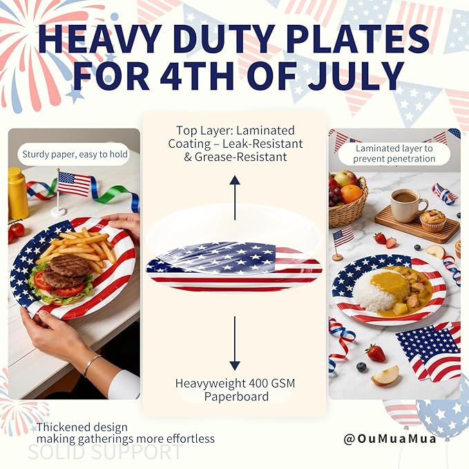 100 Pcs 4th of July Patriotic Paper Plates and Napkins Set Heavy Duty,12"x10" Large Red White Blue Oval Disposable Tableware Set for Veterans Election Day Independence Day American Flag Party Decor