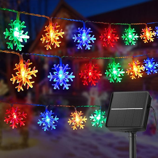 Brightown Solar Christmas Snowflake String Lights 100 LED 39 FT Outdoor Waterproof Fairy Lights with 8 Lighting Modes for Wedding, Party, Tree, Room, Garden, Patio, Yard, Home, Multicolor