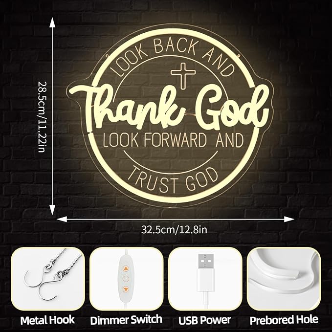 Thank God Neon Signs for Wall Decor Dimmable Christian Neon Sign Jesus cross Led Sign Faith Neon Lights Inspirational Prayer Gift Room Church Office Decor