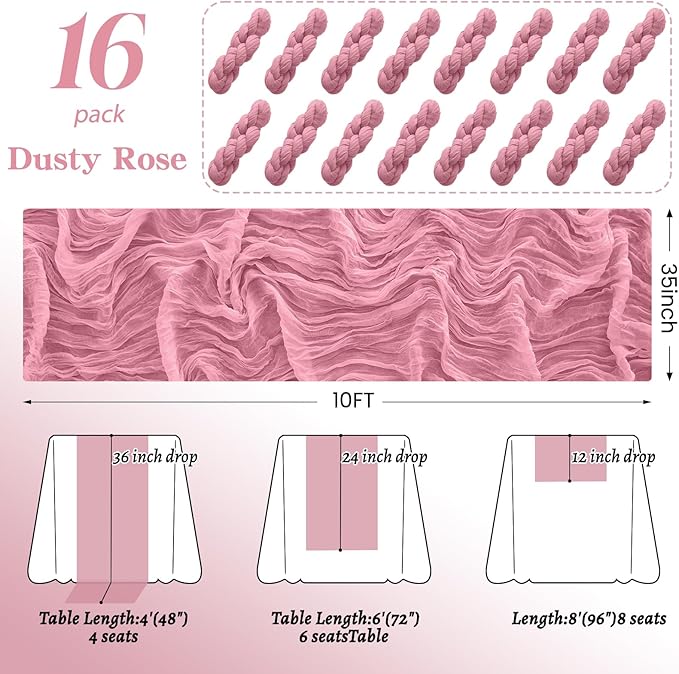 16Pack Dusty Rose Cheesecloth Table Runner 10FT Dusty Rose Gauze Table Runner 35x120Inch Long Boho Spring Easter Table Runners Rustic Sheer Table Runners for Wedding Party Table Decor
