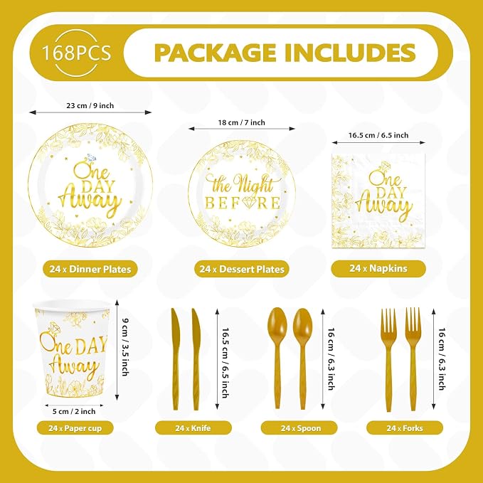 168 Pcs One Day Away Rehearsal Dinner Decorations The Night Before Wedding Plates Napkins Cups Forks Knives Spoons White Gold Diamond Ring Tableware Set for Wedding Rehearsal Party Supplies Serves 24