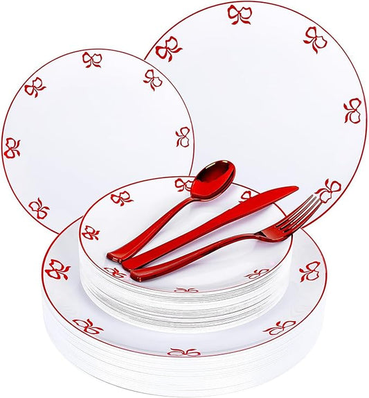 125PCS Red Bow Plastic Plates - White and Red Rim Disposable Plates - 50 Elegant Plates with Bowknot Patterns, 25 Forks, 25 Spoons, 25 Knives for Birthday Wedding Party