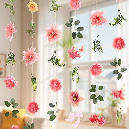 Livole 6Pcs 36Ft Hanging Flower Garland with Bow Pink Wildflower Garlands Backdrop Silk Rose Fake Floral Vines with Hooks for Spring Party Wedding Birthday Anniversary Arch Wall Garden Decor
