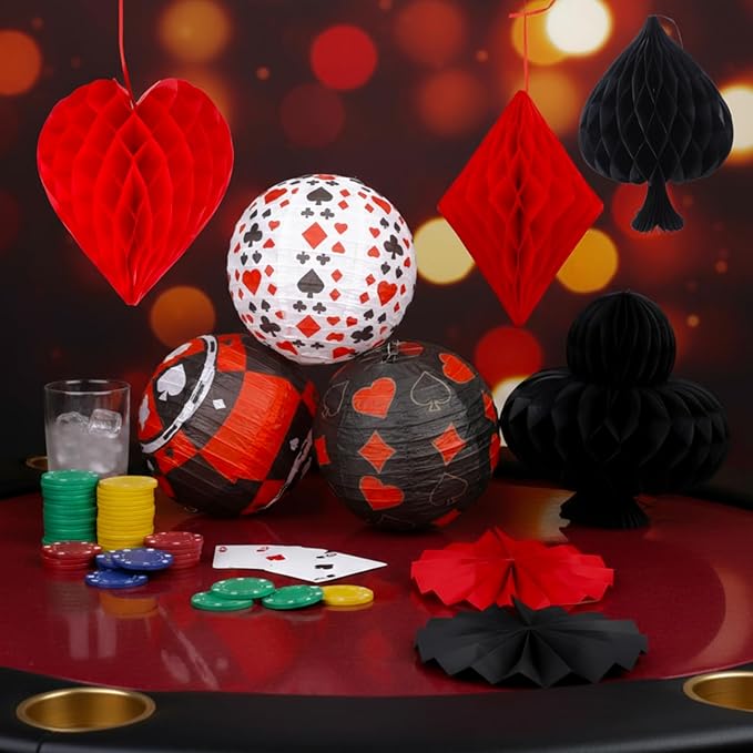 Baquler 18 Pcs Casino Party Decoration 3D Poker Hanging Paper Lantern Red and Black Fans Honeycomb Ball for Las Vegas Game Casino Night Birthday Party Ceiling Decor Supplies