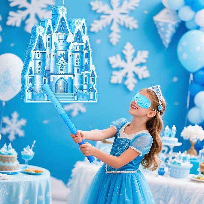 VioraWhite Princess Castle Piñata Blue Princess Birthday Party Supplies Blue Castle Piñata Set with Stick and Blindfold for Girls Kids Magical Wonderland Birthday Party Game Decorations Supplies