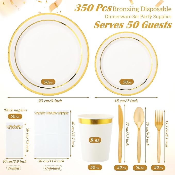 meekoo 350 Pcs Gold Plastic Dinnerware Set Disposable Paper Plates for 50 Guests 9in and 7in Dinner Dessert Plates Napkins Gold Rimmed Cups Knives Forks Spoons for Party Wedding (Round)