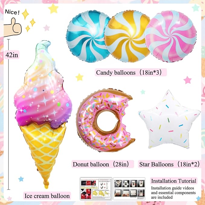 Daidle 1st Birthday Decorations for Girl, 128pcs Sweet One Birthday Party Decorations, Balloon Boxes, Party Backdrop, Photo Banner, Donuts Ice Cream Candy Balloons Garland