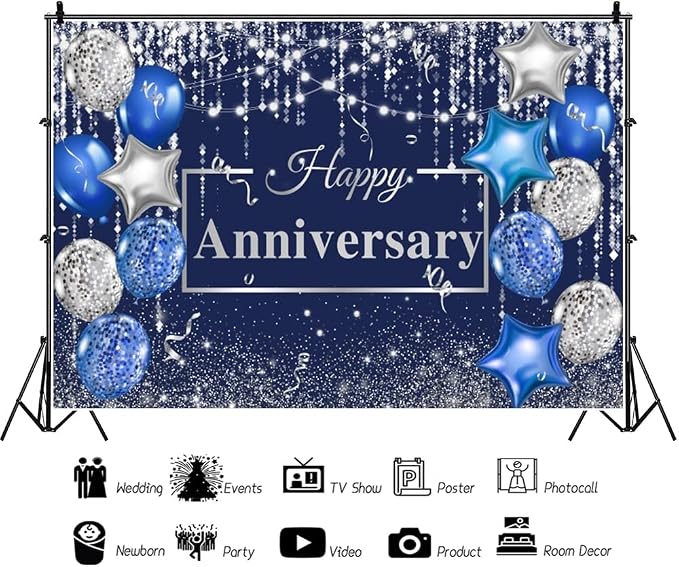Yeele 5x4ft Happy Anniversary Backdrop Blue and Silver Balloons Silver Glitter Confetti Photography Background for Wedding Anniversary Party Supplies Decoration Photo Shoot Props Vinyl