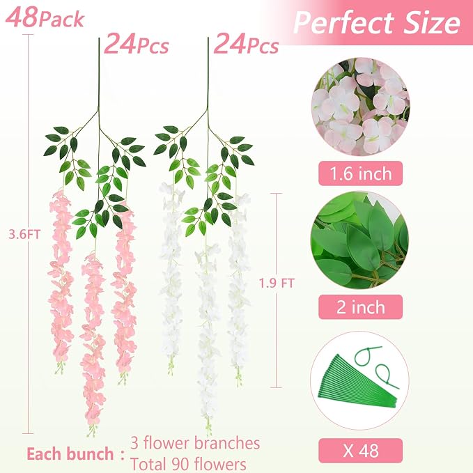 48Pcs Artificial Wisteria Hanging Flowers, 3.6Ft/Pcs White & Pink Fake Wisteria Garland for Wedding Party Home Garden Indoor Outdoor Decoration