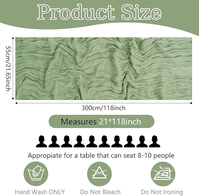 20 Pack Sage Green Cheesecloth Table Runner 10FT Boho Gauze Fabric Cheese Cloth Table Runners for Wedding ,Party,Baby Shower, Bridal Party, Rustic Farmhouse and Table Decorations