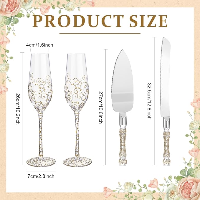 Ceenna 4 Pcs Gold Wedding Toasting Flutes and Cake Server Set Elegant Champagne Glasses and Knife Server Set Gifts for Bride and Groom Anniversary Wedding Reception Supplies