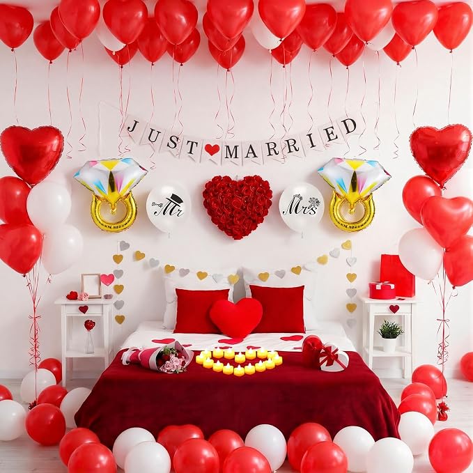 Just Married Party Decorations Heart Garland Just Married Banner Sign Red White Balloon Artificial Rose Petals Heart Tea Light Candles Diamond Ring Aluminum Balloon for Wedding Marriage Party