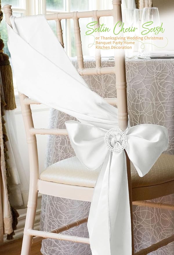 120 PCS White Satin Chair Sashes, Ties Bows Designed Chairs Decorative, Chair Cover Sashes for Thanksgiving Wedding Christmas Banquet Party Home Kitchen Decoration (7 x 108 inch)