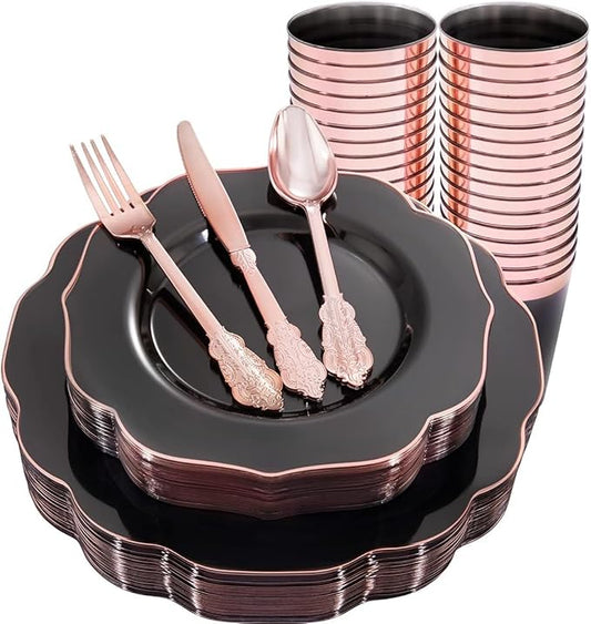 BUCLA 30Guests Clear Black Plastic Plates With Rose Gold Silverware & Cups - Rose Gold Rim Plastic Dinnerware Ideal for Party & Mother's Day