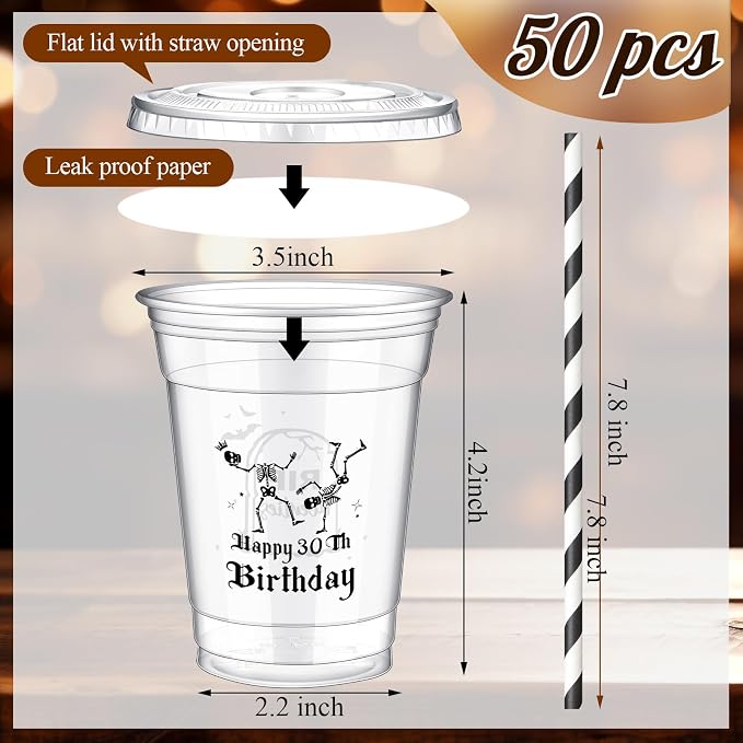 FoldTier 50 Pcs Death to My 20s Party Cups, Disposable Plastic Cups with Straws and Lids Clear mug Birthday Party Supplies for Kids Birthday Table Decorations