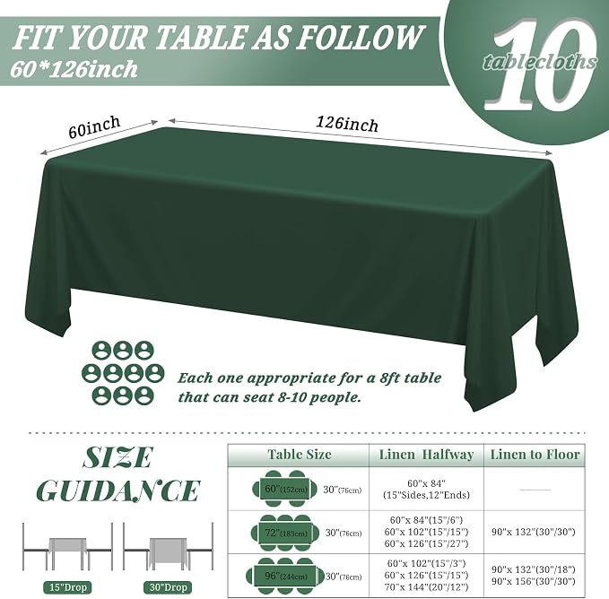 10 Pack 60 x 126 Inch Rectangle Tablecloth, Hunter Green Tablecloth for 8 Feet Rectangle Tables, Stain and Wrinkle Resistant Washable Fabric Table Cloth for Wedding Dining Table Buffet Parties Camping