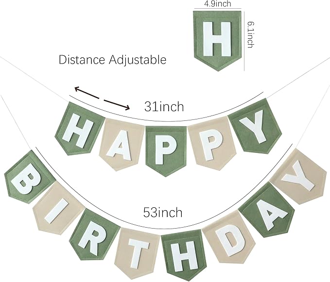 Felt Green Khaki Happy Birthday Banner Birthday Decorations for Women Girls Boys Men Pets Handmade Party Backdrop