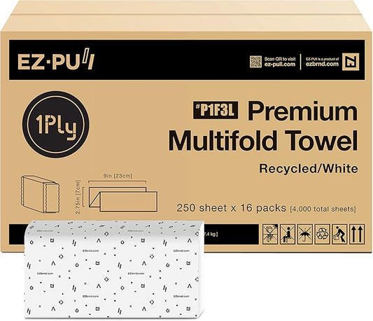 EZ-Pull Premium 1ply MULTIFOLD Paper Towels, FSC certified Recycled/White, 250 Sheets x 16 pk, P1F3L