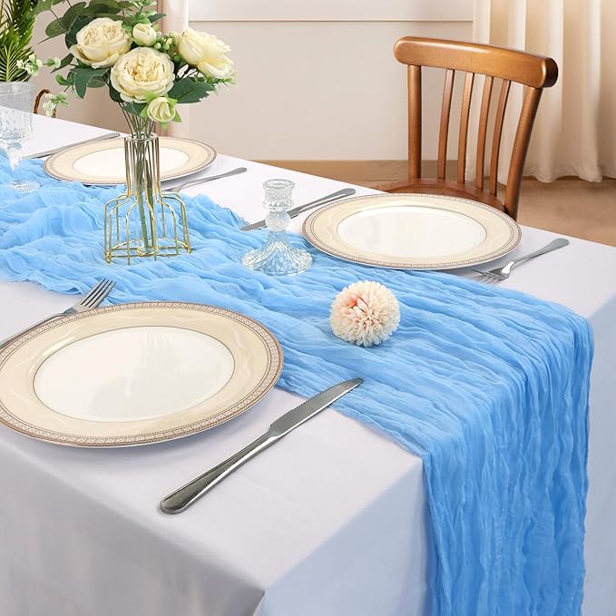 6 Pack 10FT Baby Blue Cheesecloth Table Runner 120 Inch Long Gauze Rustic Boho Spring Cheese Cloth Table Runner Sheer Fabric Decorations for Holiday Party Wedding Banquet Bridal Baby Shower Décor
