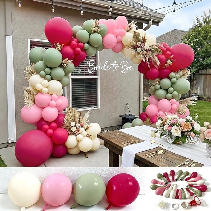 Hot Pink and Sage Green Balloon Garland Arch Kit, Double Stuffed Dusty Green Magenta & Ivory Balloon Decorations for Baby Shower, Garden Bridal Wedding, Mother's Day, Birthday, Boho Tea Party