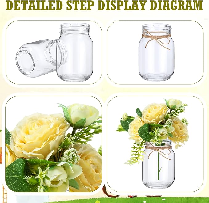XunYee 10 Set Mason Jar Table Centerpiece with Flower Mason Jar Flower Centerpiece Vases Decor for Engagement Party Bridal Shower Wedding Reception Table Decor(Champagne,Gypsophila Rose)