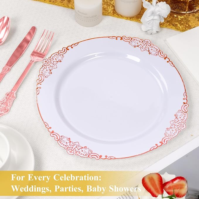 Goodluck 100PCS Rose Gold Plastic Plates – 10.25” Heavy Duty Disposable Dinner Plates & Party Plates for Weddings, Parties, Events – Elegant, Sturdy