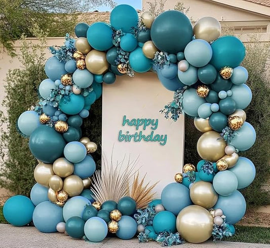 Teal Blue Gold Balloons Double Stuffed Latex Dusty Blue Turquoise Balloon Different Sizes Teal Gold Balloon Garland for Birthday Wedding New Year Anniversary Baby Shower Ocean Party Decor