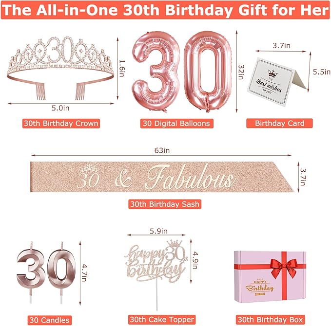 30th Birthday Decorations for Her, Including 30th Birthday Sash and Tiara, Cake Topper and Candles, Number Balloons, 30 Year Old Gifts for Women