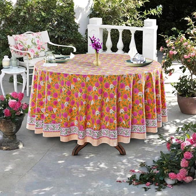 Ridhi Round Tablecloth Hand Block Print 100% Cotton Reusable Bubblegum Pink 60 Inch Table Cover Decorative Everyday Use for Dining, Home, Party, Wedding, Farmhouse, Party Gift for Spring, Mother's Day