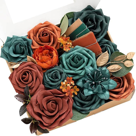 Ling's moment Fake Flowers Box, Faux Artificial Greenery Stems Foam Roses Silk Peony Waxflower Fabic Flower for Centerpieces Bouquet Wedding Vase Floral Decorations, Teal & Orange, Mini Combo