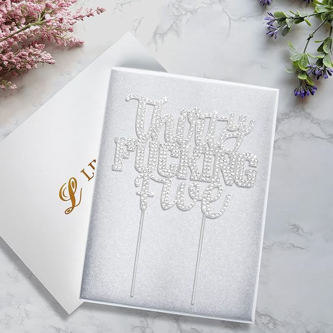 LINGTEER Happy 35th Birthday Funny Silver Rhinestone Cake Topper - Cheers to 35 Years Old Birthday Party Cake Centerpieces Topper Decorations Gift Sign.